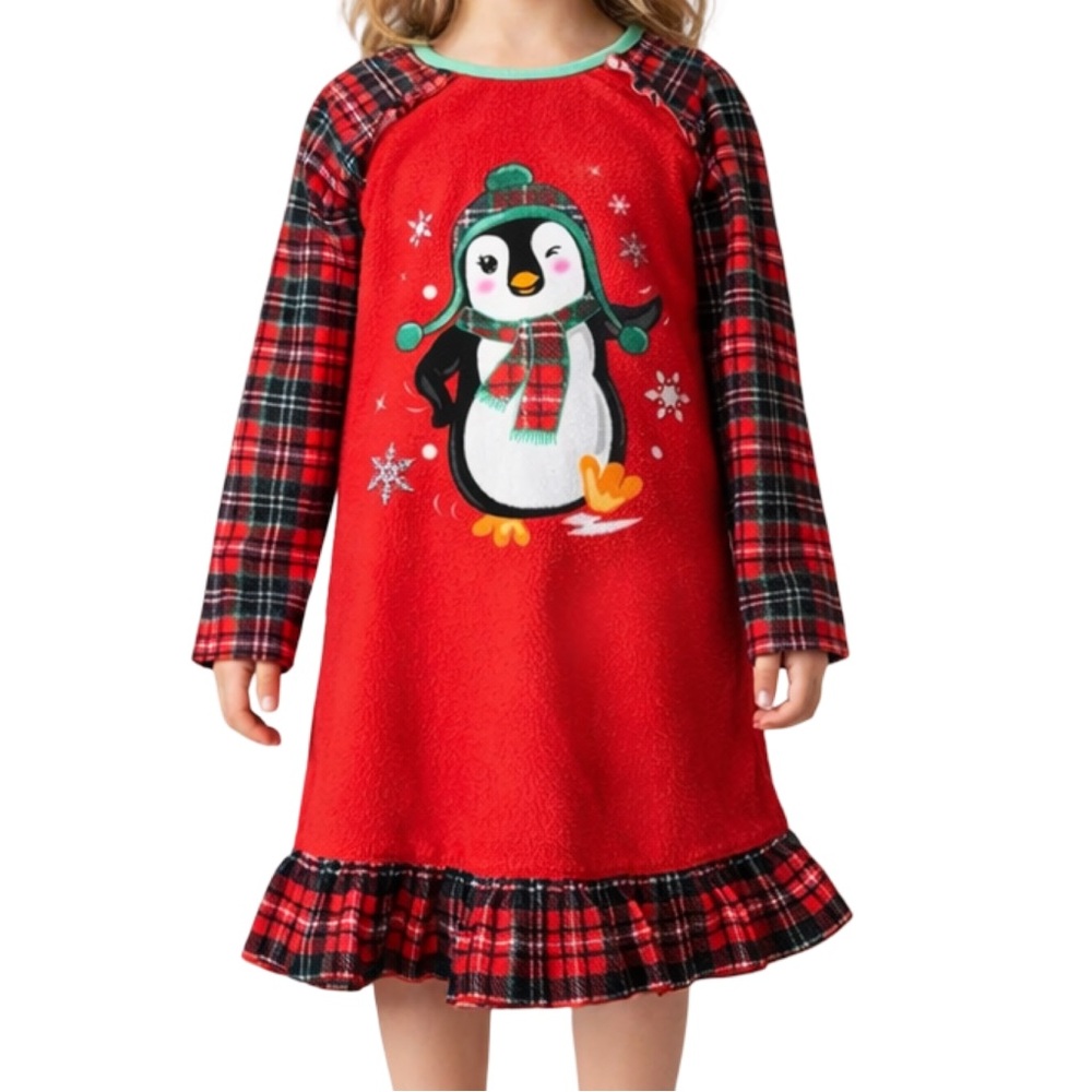 Girls Christmas Penguin Fleece Nightgown Plaid Sleeves Ruffle Hem M 7/8